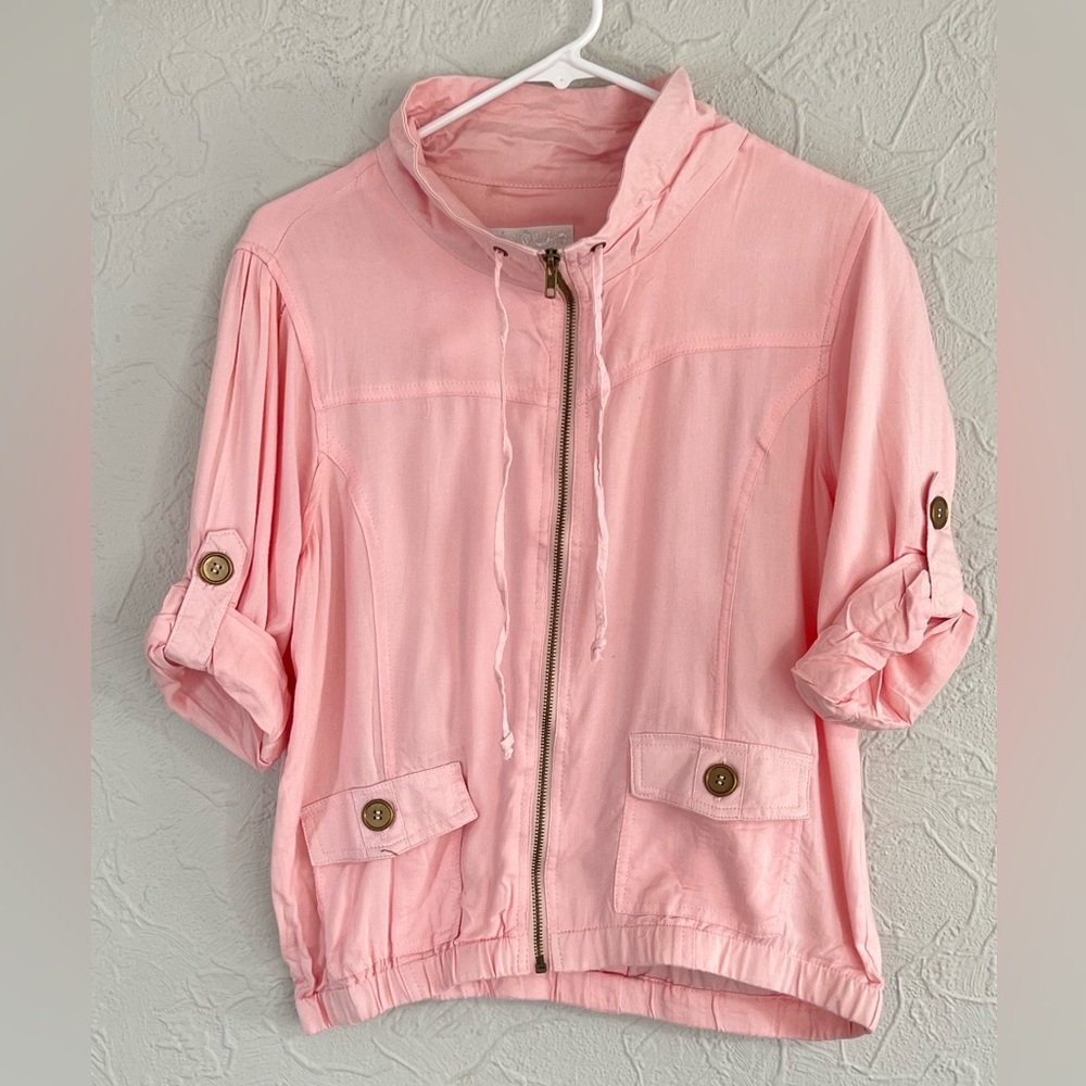 WOMENS WET SEAL PINK FULL ZIP AND BUTTON UP SLEEVE JACKET SIZE XL